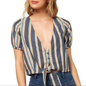 O’Neill Kaylee Tie Hem Top In Blue Stripe V-Neck Short Sleeve Beach Cropped